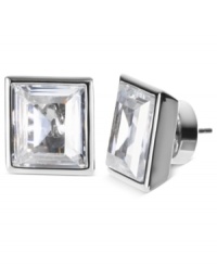 A clear choice. Michael Kors' stud earrings are crafted from silver ion-plated steel with clear glass crystals adding even more sparkle to this stylish pair. Approximate width: 3/8 inch. A clear choice. Michael Kors' stud earrings are crafted from silver ion-plated steel with clear glass crystals adding even more sparkle to this stylish pair. Approximate width: 3/8 inch.