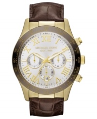 Handsome leather adds style to this golden Layton collection watch from Michael Kors. Handsome leather adds style to this golden Layton collection watch from Michael Kors.
