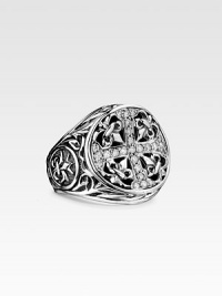 Fleur-de-lis details and brilliant diamond accents on Sparta-engraved sterling silver. Diamonds, 0.54 tcw ¾ X 1 Made in USA