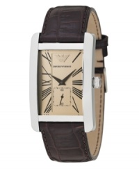 A distinctively handsome timepiece he'll love. Brown croc-embossed leather strap and stainless steel case. Amber dial with Emporio Armani logo, stylized black Roman numerals and subdial. Two-hand, quartz movement. Water resistant to 30 meters. A distinctively handsome timepiece he'll love. Brown croc-embossed leather strap and stainless steel case. Amber dial with Emporio Armani logo, stylized black Roman numerals and subdial. Two-hand, quartz movement. Water resistant to 30 meters.