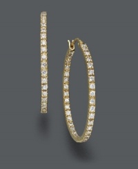 Add a little pop and sparkle to your style. These traditional hoop earrings by B. Brilliant incorporate glittering round-cut cubic zirconias (1-1/2 ct. t.w.) set in 18k gold over sterling silver. Approximate diameter: 1-1/2 inches. Add a little pop and sparkle to your style. These traditional hoop earrings by B. Brilliant incorporate glittering round-cut cubic zirconias (1-1/2 ct. t.w.) set in 18k gold over sterling silver. Approximate diameter: 1-1/2 inches.