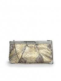 THE LOOKRemovable shoulder chainFrame top rectangular silhouetteFrame inlaid with baguette crystalsPleated multicolor pythonMagnetic frame top closureOne inside open pocketInside logo detailTHE MEASUREMENTShoulder chain, 10½ drop11½W X 5½H X 2DTHE MATERIALCrystalsPythonViscose/silk liningORIGINMade in Italy THE LOOKRemovable shoulder chainFrame top rectangular silhouetteFrame inlaid with baguette crystalsPleated multicolor pythonMagnetic frame top closureOne inside open pocketInside logo detailTHE MEASUREMENTShoulder chain, 10½ drop11½W X 5½H X 2DTHE MATERIALCrystalsPythonViscose/silk liningORIGINMade in Italy