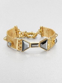 Golden mesh has a clever bow and accents of silvery faceted glass set into its rich texture.Glass10k goldplated finishLength, about 7.5Width, about .75Bold spring ring claspImported Golden mesh has a clever bow and accents of silvery faceted glass set into its rich texture.Glass10k goldplated finishLength, about 7.5Width, about .75Bold spring ring claspImported