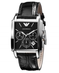 For the man who appreciates the finer things. This stylish watch by Emporio Armani features a croc-embossed black leather strap and rectangular stainless steel case. Textured black chronograph dial with silvertone stick indices, logo, date window and three subdials. Quartz movement. Water resistant to 50 meters. Two-year limited warranty. For the man who appreciates the finer things. This stylish watch by Emporio Armani features a croc-embossed black leather strap and rectangular stainless steel case. Textured black chronograph dial with silvertone stick indices, logo, date window and three subdials. Quartz movement. Water resistant to 50 meters. Two-year limited warranty.