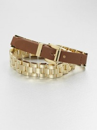 A modern blend of supple leather and radiant links in a chic double wrap design. LeatherIon-plated steelLength, about 16Buckle closureImported A modern blend of supple leather and radiant links in a chic double wrap design. LeatherIon-plated steelLength, about 16Buckle closureImported