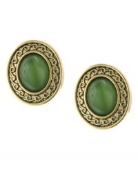 Spruce up in serene, jade-colored studs. 2028's pretty oval button earrings feature Greek key edges in gold tone mixed metal with a green cabochon stone at center. Approximate diameter: 3/4 inch. Spruce up in serene, jade-colored studs. 2028's pretty oval button earrings feature Greek key edges in gold tone mixed metal with a green cabochon stone at center. Approximate diameter: 3/4 inch.