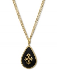 Drops of jet-black elegance. T Tahari's necklace showcases an heirloom-inspired pendant with jet resin cabochon beads with crystal accents and golden detail. Crafted in 14k gold-plated mixed metal. Nickel-free for sensitive skin. Approximate length: 18 inches + 3-inch extender. Approximate drop: 3-1/2 inches. Drops of jet-black elegance. T Tahari's necklace showcases an heirloom-inspired pendant with jet resin cabochon beads with crystal accents and golden detail. Crafted in 14k gold-plated mixed metal. Nickel-free for sensitive skin. Approximate length: 18 inches + 3-inch extender. Approximate drop: 3-1/2 inches.