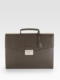 Saffiano leather double-gusset briefcase. Top handle Front push-lock closure with key lock Leather 14½W X 11H X 2½D Made in Italy 