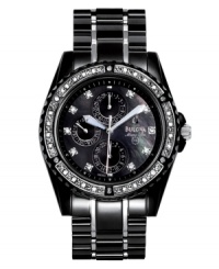 A new night light. Two-tone stainless steel and black ion-plated case and bracelet. Mother of pearl dial with 34 diamond accents, logo and three subdials. Three-hand movement. Water resistant to 100 meters. Three-year limited warranty. A new night light. Two-tone stainless steel and black ion-plated case and bracelet. Mother of pearl dial with 34 diamond accents, logo and three subdials. Three-hand movement. Water resistant to 100 meters. Three-year limited warranty.