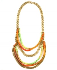 Flaunt it, fab fashionista. This not-so-subtle frontal necklace by RACHEL Rachel Roy boasts brilliant orange and multicolored threads mixed with chains in gold-plated mixed metal. Approximate length: 17 inches. Approximate drop: 2 inches. Flaunt it, fab fashionista. This not-so-subtle frontal necklace by RACHEL Rachel Roy boasts brilliant orange and multicolored threads mixed with chains in gold-plated mixed metal. Approximate length: 17 inches. Approximate drop: 2 inches.