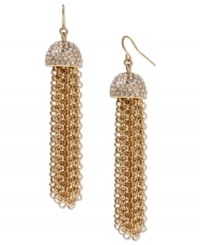 Totally on-trend in tassels. Haskell's luminous style combines pave-set crystals and multiple strands of gold tone mixed metal chains on fishwire. Approximate drop: 3-1/4 inches. Totally on-trend in tassels. Haskell's luminous style combines pave-set crystals and multiple strands of gold tone mixed metal chains on fishwire. Approximate drop: 3-1/4 inches.