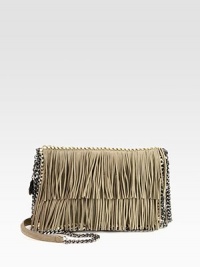 A retro-inspired faux suede style with shiny link chain trim that follows the brand's vegetarian initiatives.Chain shoulder strap, 25½ dropMagnetic snap flap closureOne inside zip pocketFully lined10½W X 8H X 1½DMade in Italy A retro-inspired faux suede style with shiny link chain trim that follows the brand's vegetarian initiatives.Chain shoulder strap, 25½ dropMagnetic snap flap closureOne inside zip pocketFully lined10½W X 8H X 1½DMade in Italy