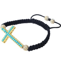 Yellow Gold Tone Cross Turquoise Blue Gem Stones Beaded Adjustable Macrame Unisex Bracelet