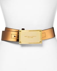 This MICHAEL Michael Kors belt contours your look with the brand's emblem, finished in a bold plaque buckle. This MICHAEL Michael Kors belt contours your look with the brand's emblem, finished in a bold plaque buckle.