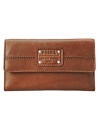 An embossed logo panel with metal studs gives the Mercer leather clutch subtle edge.