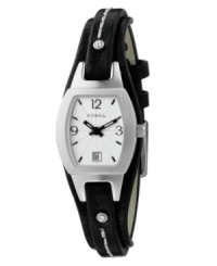 A contoured shape for seamless Fossil style. Marjorie collection watch features black leather strap with contrast stitching and a stainless steel case. Textured white dial with black stick indices, date window, logo and numerals at three o'clock, nine o'clock and twelve o'clock. Quartz movement. Water resistant to 50 meters. 11-year limited warranty. Packaged in a collectible tin. A contoured shape for seamless Fossil style. Marjorie collection watch features black leather strap with contrast stitching and a stainless steel case. Textured white dial with black stick indices, date window, logo and numerals at three o'clock, nine o'clock and twelve o'clock. Quartz movement. Water resistant to 50 meters. 11-year limited warranty. Packaged in a collectible tin.