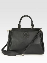 An elegant design in pebbled leather with smooth leather trim and a signature logo emblem.Double top handles, 5½ dropDetachable adjustable shoulder strap, 14-23 dropTop zip closureOne inside zip pocketTwo inside open pocketsOne detachable mirrorCotton lining15W X 11H X 4DImported An elegant design in pebbled leather with smooth leather trim and a signature logo emblem.Double top handles, 5½ dropDetachable adjustable shoulder strap, 14-23 dropTop zip closureOne inside zip pocketTwo inside open pocketsOne detachable mirrorCotton lining15W X 11H X 4DImported