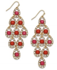 Lady in red. INC International Concepts' adds just the right touch of crimson to these stunning chandelier earrings with plastic and glass beads. Set in 12k gold-plated mixed metal on fishwire. Approximate drop: 3-1/2 inches. Lady in red. INC International Concepts' adds just the right touch of crimson to these stunning chandelier earrings with plastic and glass beads. Set in 12k gold-plated mixed metal on fishwire. Approximate drop: 3-1/2 inches.