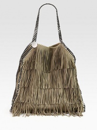 A retro-inspired faux suede style with shiny link chain trim that follows the brand's vegetarian initiatives.Double chain top handles, 9½ dropMagnetic snap closureOne inside zip pocketOne inside open pocketOne detachable zip pouchFully lined17W X 17H X 4DMade in Italy A retro-inspired faux suede style with shiny link chain trim that follows the brand's vegetarian initiatives.Double chain top handles, 9½ dropMagnetic snap closureOne inside zip pocketOne inside open pocketOne detachable zip pouchFully lined17W X 17H X 4DMade in Italy