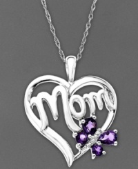 Make Mother's Day magical this year. This stunning heart pendant features the word Mom with a splash of pear-cut amethyst (1/2 ct. t.w.) and diamond accents. Set in sterling silver. Approximate length: 18 inches. Approximate drop: 1/2 inches.