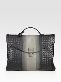 Make a smart and stylish first impression in the boardroom and beyond with this expertly crafted briefcase in signature woven leather with center stripe detail.Flap, buckle closureTop handleCotton liningLeather16W x 12H x 5DMade in Italy Make a smart and stylish first impression in the boardroom and beyond with this expertly crafted briefcase in signature woven leather with center stripe detail.Flap, buckle closureTop handleCotton liningLeather16W x 12H x 5DMade in Italy