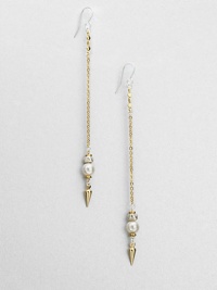 From the Mini Collection. Long golden chains with sterling silver stud tops and Swarovski pearl accents dangle delightfully and delicately.Glass pearlsSterling silver and goldplateDrop, about 5Ear wireMade in USA