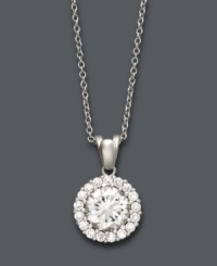 Encircle yourself in statement-making sparkle. B. Brilliant pendant features a round-cut cubic zirconia (2-1/2 ct. t.w.) surrounded by a halo of cubic zirconia accents. Setting and chain crafted in sterling silver. Approximate length: 18 inches. Approximate drop: 5/8 inch. Encircle yourself in statement-making sparkle. B. Brilliant pendant features a round-cut cubic zirconia (2-1/2 ct. t.w.) surrounded by a halo of cubic zirconia accents. Setting and chain crafted in sterling silver. Approximate length: 18 inches. Approximate drop: 5/8 inch.