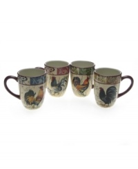 Vintage-inspired Lille Rooster mugs layer farm birds, Baroque florals and notes from France in a set shaped for modern tables but steeped in old-world charm. From Certified International. Vintage-inspired Lille Rooster mugs layer farm birds, Baroque florals and notes from France in a set shaped for modern tables but steeped in old-world charm. From Certified International.