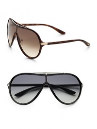 Large acetate shield frames with cylindrical metal hinge and sweatbar. Available in dark havana with roviex gradient lens or black with smoke gradient lens.UV 400 lens 100% UV protection Made in Italy Large acetate shield frames with cylindrical metal hinge and sweatbar. Available in dark havana with roviex gradient lens or black with smoke gradient lens.UV 400 lens 100% UV protection Made in Italy