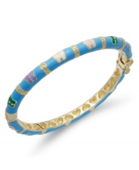 Flights of fancy. This pretty and petite children's bangle features blue and multicolored enamel butterflies on an 18k gold over sterling silver bangle. Bracelet secures with a hinge clasp. Approximate diameter: 2 inches. Flights of fancy. This pretty and petite children's bangle features blue and multicolored enamel butterflies on an 18k gold over sterling silver bangle. Bracelet secures with a hinge clasp. Approximate diameter: 2 inches.