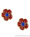 BETSEY JOHNSON RED Enamel GLITTER Flower w/ Blue Crystal Center Stud Earrings