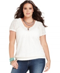 Lace up your casual look with Lucky Brand Jeans' short sleeve plus size top, punctuated by a smocked hem. Lace up your casual look with Lucky Brand Jeans' short sleeve plus size top, punctuated by a smocked hem.