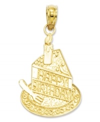 A perfectly personalized birthday gift! This sweet charm features a slice of birthday cake with a candle and the words, Happy Birthday, inscribed across the front. Crafted in 14k gold. Chain not included. Approximate length: 1 inch. Approximate width: 3/5 inch. A perfectly personalized birthday gift! This sweet charm features a slice of birthday cake with a candle and the words, Happy Birthday, inscribed across the front. Crafted in 14k gold. Chain not included. Approximate length: 1 inch. Approximate width: 3/5 inch.