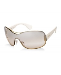 This modern shield is unmistakably Prada. Boasting the sophisticated elegance, avant-garde design and uncompromising quality the brand is known for, this gold and pink style with silver mirrored lens shines. This modern shield is unmistakably Prada. Boasting the sophisticated elegance, avant-garde design and uncompromising quality the brand is known for, this gold and pink style with silver mirrored lens shines.