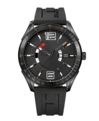 Ready for anything. High-impact watch by Tommy Hilfiger crafted of black silicone strap and round black ion-plated stainless steel case with tachymeter scale at bezel. Black dial features large numerals at twelve and six o'clock, stick indices, rotating calendar wheel with display at three o'clock, two hands, logo and red accents. Quartz movement. Water resistant to 50 meters. Ten-year limited warranty. Ready for anything. High-impact watch by Tommy Hilfiger crafted of black silicone strap and round black ion-plated stainless steel case with tachymeter scale at bezel. Black dial features large numerals at twelve and six o'clock, stick indices, rotating calendar wheel with display at three o'clock, two hands, logo and red accents. Quartz movement. Water resistant to 50 meters. Ten-year limited warranty.