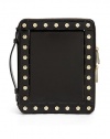 THE LOOKPatent leather with goldtone screw head accentsZip-around closureTop handleFive inside card slotsFour elastic tabs holds the iPad in placeInside elastic carrying strapTHE MEASUREMENTTop handle, 18½W X 10H X ¼DTHE MATERIALPatent leatherFully linedORIGINImportedPlease note: iPad® not included. 