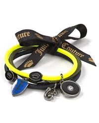 Wear your ponytail, the Juicy way. Or, slip these on your wrists to wear as bracelets. Three elastics with signature Juicy Couture accents. Wear your ponytail, the Juicy way. Or, slip these on your wrists to wear as bracelets. Three elastics with signature Juicy Couture accents.