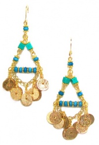 Rachel Reinhardt Kate 14k Gold Plated Triangular Chandelier Dangle Earring with Blue Turquoise and Textured Gold Disk Dangles Rachel Reinhardt Kate 14k Gold Plated Triangular Chandelier Dangle Earring with Blue Turquoise and Textured Gold Disk Dangles