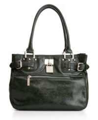 Goldtone wraparound buckles and a gleaming lion padlock ramp up the luxe shine of this glazed satchel from AK Anne Klein. Goldtone wraparound buckles and a gleaming lion padlock ramp up the luxe shine of this glazed satchel from AK Anne Klein.