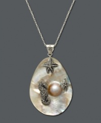Whisk yourself away to the seashore. This unique pendant features a cultured mother of pearl drop (14 mm) decorated with two starfish and a seahorse in textured sterling silver. Sterling silver setting and chain. Approximate length: 30 inches. Approximate drop: 2-1/2 inches. Whisk yourself away to the seashore. This unique pendant features a cultured mother of pearl drop (14 mm) decorated with two starfish and a seahorse in textured sterling silver. Sterling silver setting and chain. Approximate length: 30 inches. Approximate drop: 2-1/2 inches.