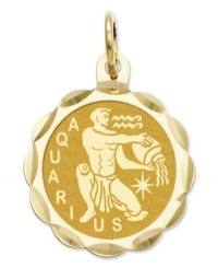 Tell everyone your sign in style! This scalloped and polished disc charm features the Aquarius Zodiac in 14k gold. Chain not included. Approximate length: 9/10 inch. Approximate width: 3/5 inch. Tell everyone your sign in style! This scalloped and polished disc charm features the Aquarius Zodiac in 14k gold. Chain not included. Approximate length: 9/10 inch. Approximate width: 3/5 inch.