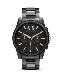 Armani Exchange crafts a classically styled statement with this plated metal watch. Crafted of stainless steel, it flaunts bold style with an eye-catching three eye chronograph. Armani Exchange crafts a classically styled statement with this plated metal watch. Crafted of stainless steel, it flaunts bold style with an eye-catching three eye chronograph.