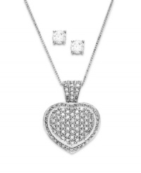 Polish your look with a sparkling jewelry set. This matching combo from Charter Club features a heart-shaped pendant encrusted with cubic zirconia accents and a pair of round-cut cubic zirconia studs. Crafted in silver tone mixed metal. Approximate length: 16 inches + 2-inch extender. Approximate drop: 1-1/2 inches. Approximate earring diameter: 1/4 inch. Polish your look with a sparkling jewelry set. This matching combo from Charter Club features a heart-shaped pendant encrusted with cubic zirconia accents and a pair of round-cut cubic zirconia studs. Crafted in silver tone mixed metal. Approximate length: 16 inches + 2-inch extender. Approximate drop: 1-1/2 inches. Approximate earring diameter: 1/4 inch.
