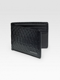 Rich snakeskin-print calfskin leather, foldover style with compartments for cards and currency. ID window8 card slots3 open pockets3½ X 4Imported Rich snakeskin-print calfskin leather, foldover style with compartments for cards and currency. ID window8 card slots3 open pockets3½ X 4Imported