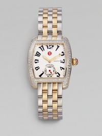 An elegant two-tone design in stainless steel and gold with diamond accents.Quartz movementSquare stainless steel case, 29mm (1.1) X 30mm (1.1)Diamond accented bezel, .65 tcwWhite dialNumeric hour markersSecond sub-dialTwo-tone stainless steel link braceletMade in Switzerland An elegant two-tone design in stainless steel and gold with diamond accents.Quartz movementSquare stainless steel case, 29mm (1.1) X 30mm (1.1)Diamond accented bezel, .65 tcwWhite dialNumeric hour markersSecond sub-dialTwo-tone stainless steel link braceletMade in Switzerland