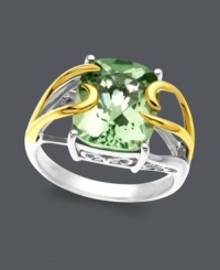 Amp up the intensity with this vibrant cocktail ring. Features a dazzling green quartz stone (4-3/4 ct. t.w.) cradled in a sterling silver and 14k gold setting. Size 7. Amp up the intensity with this vibrant cocktail ring. Features a dazzling green quartz stone (4-3/4 ct. t.w.) cradled in a sterling silver and 14k gold setting. Size 7.