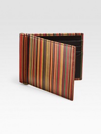 Multicolored striped leather with a convenient money clip.Eight credit card slotsLeather4¼W X 3½HMade in Italy Multicolored striped leather with a convenient money clip.Eight credit card slotsLeather4¼W X 3½HMade in Italy