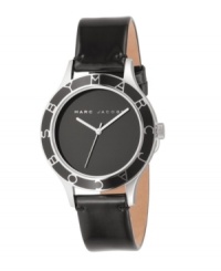 A very chic, streamlined watch by Marc Jacobs, with a patent leather strap and a ceramic black dial. Logo letters on bezel serve as markers. Stainless steel case with black enamel. Japanese precision quartz movement. Water resistant to 30 meters. A very chic, streamlined watch by Marc Jacobs, with a patent leather strap and a ceramic black dial. Logo letters on bezel serve as markers. Stainless steel case with black enamel. Japanese precision quartz movement. Water resistant to 30 meters.