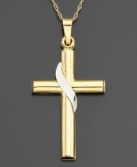 A simple cross with a reverent sash, crafted in two-tone 14k gold. Pendant is approximately 1-1/4 inches long. Chain not included. A simple cross with a reverent sash, crafted in two-tone 14k gold. Pendant is approximately 1-1/4 inches long. Chain not included.