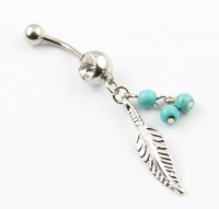316L Surgical Steel 14 Guage Leaf Dangle With Blue Beads Navel Belly Button Ring Bar